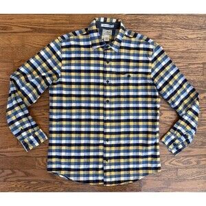 LL Bean Button Up Flannel Shirt Men's Medium Blue Yellow Plaid Slightly Fitted